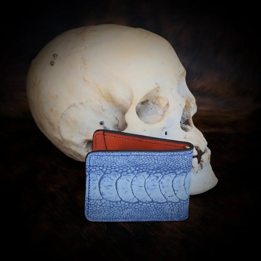 Denim Blue Ostrich Leg Billfold Wallet with Money Clip Luxe Premium Gift